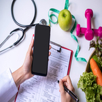 Nutritionist with healthy fruit and vegetable using smart phone, Right nutrition and diet concept